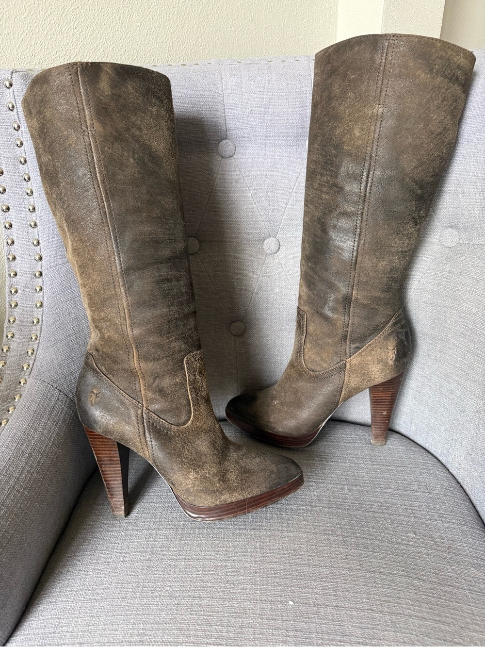 Frye Harlow Campus Knee High Boots 10 Leather High Heel Brown